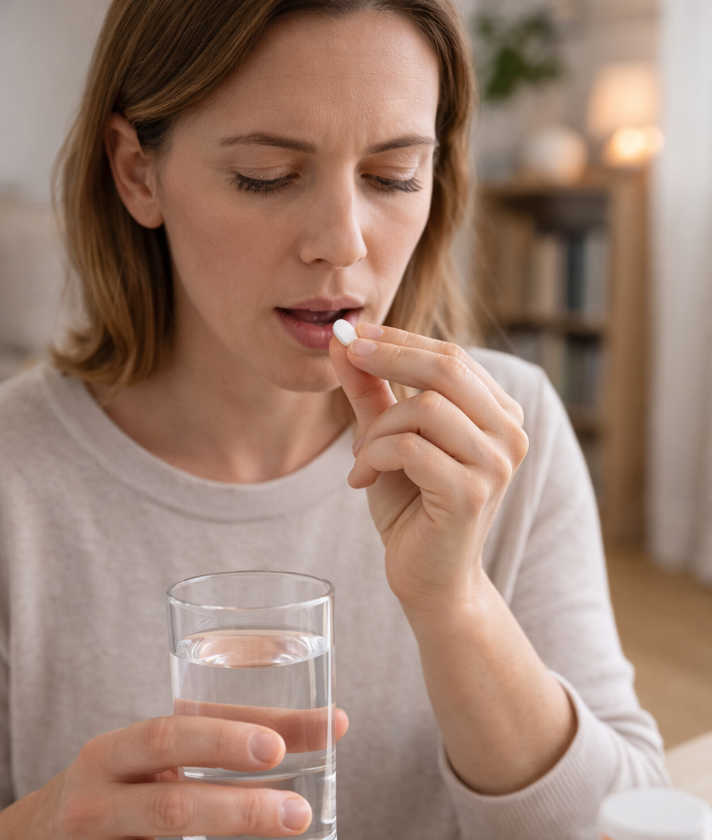 A woman take a medicine